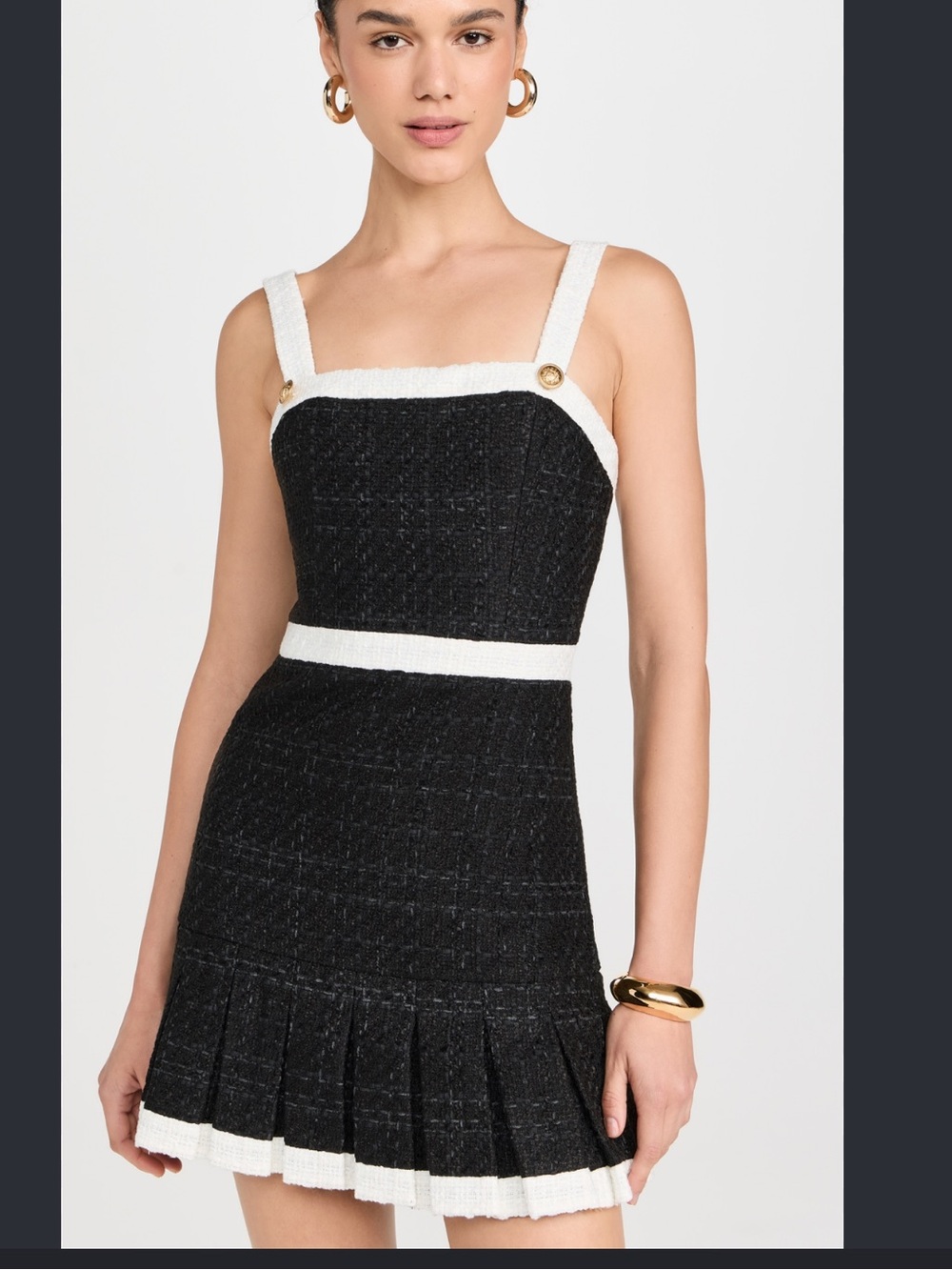 Alice + Olivia Black and White Tweed Pleated Mini Dress